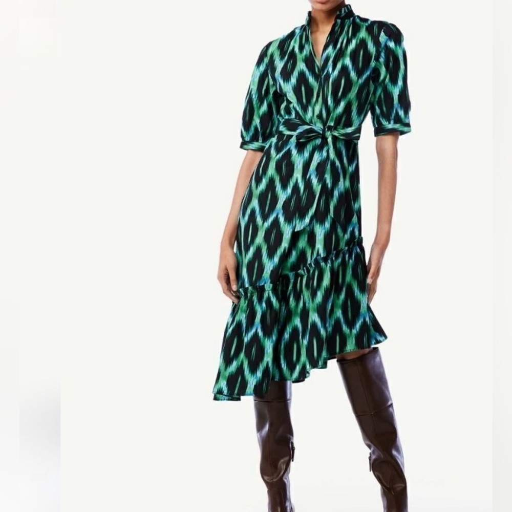 Scoop Midi Green Ikat Patterned Dress Size Large